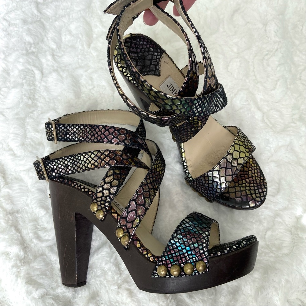 Jimmy Choo Python Embossed Leather Strapped Sanda… - image 1